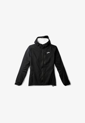 Zwarte capuchonjack gemaakt van lichtgewicht stof, met een volledige rits, een voorkantzak en subtiele logodetails. Glad textuur.