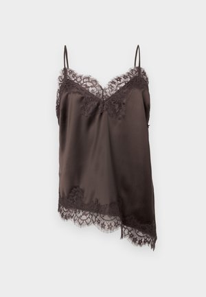 Pruun satiinist kamisol koos reguleeritavate spagetisõlmedega ja pitsilise äärega. Kaelusel ja servas on keeruka pitsiga detailid.