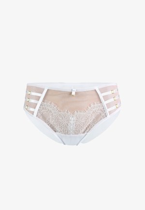 Białe bielizna z siateczki i koronką. Akcenty obejmują złote detale oraz pasek po bokach. Kwiatowy wzór koronki na plecach.