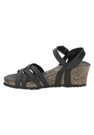 Sandalia de cuña negra con tacón con textura de corcho, múltiples tiras delanteras, hebilla en el tobillo y estampado floral en la plantilla.