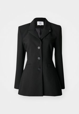 Black tailored blazer with a notch lapel, double-breasted buttons, front pockets, and a fitted silhouette. Smooth fabric texture.
