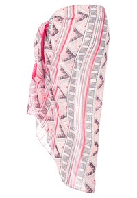 Paréo rose et blanc avec des motifs géométriques en noir et rouge, présenté suspendu avec un nœud noué sur un côté.