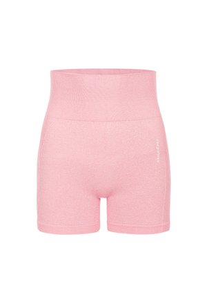 Rožinių medvilnės mišinį sudarančių šortų su aukštu ripsu juosmeniu, pasižyminčių lygiu paviršiumi ir kontrastingu siuvimu kraštuose.