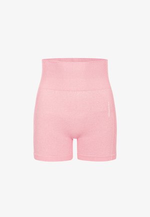 Rožinių medvilnės mišinį sudarančių šortų su aukštu ripsu juosmeniu, pasižyminčių lygiu paviršiumi ir kontrastingu siuvimu kraštuose.