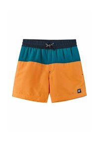 Shorts de bain pour hommes en orange et en teal. Dotés d'une taille élastique avec cordon de serrage, d'une poche latérale et d'un petit logo. Texture lisse.