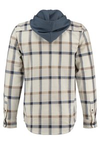 Camicia di flanella a quadri nei toni beige, marrone e navy, con cappuccio blu, polsini con bottoni e orlo curvato in tessuto texture.