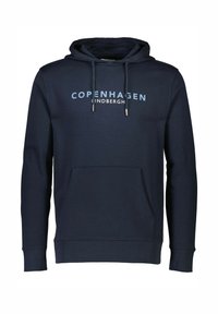 Felpa con cappuccio blu navy realizzata in misto cotone, con tasca anteriore, cappuccio con cordino regolabile e testo stampato: "COPENHAGEN" sopra "LINDBERGH".