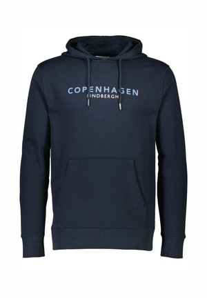 Marineblaue Kapuzenjacke aus Baumwollmischung, mit einer Fronttasche, verstellbarem Kordelzugkapuze und bedrucktem Text: "KOPENHAGEN" über "LINDBERGH."