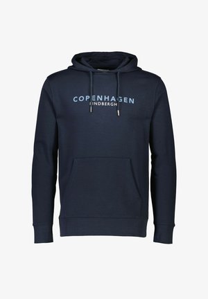 Marineblauwe hoodie van een katoenmix, met een voorkantzak, een verstelbare trekkoordcapuchon en bedrukt tekst: "COPENHAGEN" boven "LINDBERGH."