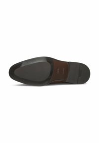 Semelle de chaussure en cuir noir avec une légère courbure, dotée d'une section texturée au niveau du talon et d'une finition lisse. Marquée "BOSS."