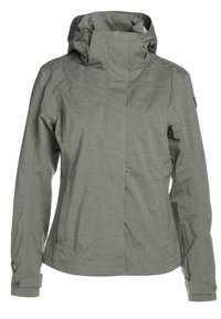 Veste imperméable grise avec capuche, dotée d'une fermeture éclair à l'avant, de poches latérales et de poignets ajustables, fabriquée à partir d'un matériau doux et texturé.