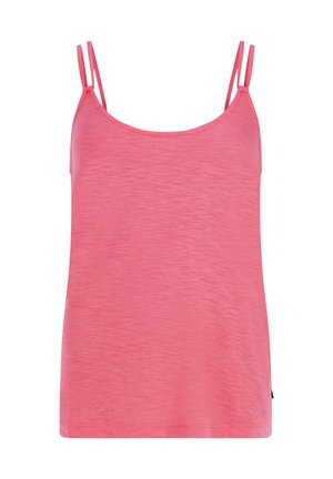 Roze mouwloze top met dunne bandjes, ronde halslijn en een zachte, gestructureerde stof. Eenvoudig ontwerp, rechte zoom en geen patronen of versieringen.