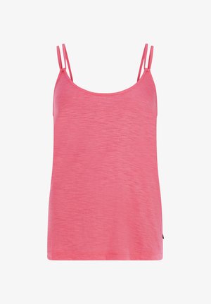 Ružičasti bezrukavni top s tankim trakama, okruglim izrezom i mekim, teksturiranim materijalom. Jednostavan dizajn, ravni rub i bez uzoraka ili ukrasa.
