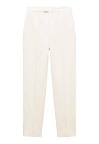 Pantaloni bej deschis cu un design ajustat, fason drept, pliseuri frontale și o textură netedă. Prezintă un brâu standard și fără închizători vizibile.