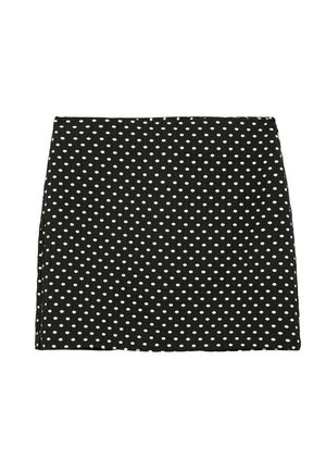 Schwarzer Minirock mit weißen Punkten und geradem Schnitt, flach auf einem weißen Hintergrund präsentiert.