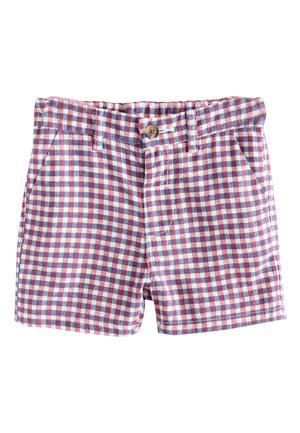 Børneshorts med rød, blå og hvid ternet mønster, knaplukning, bæltestropper og forlommer.
