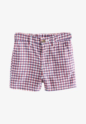 Børneshorts med rød, blå og hvid ternet mønster, knaplukning, bæltestropper og forlommer.