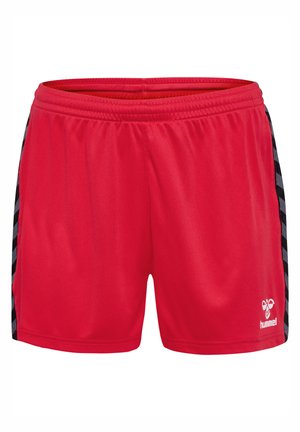 Røde sports shorts lavet af letvægtsstof med et sort mønster langs siderne; elastisk talje med logo-detalje.