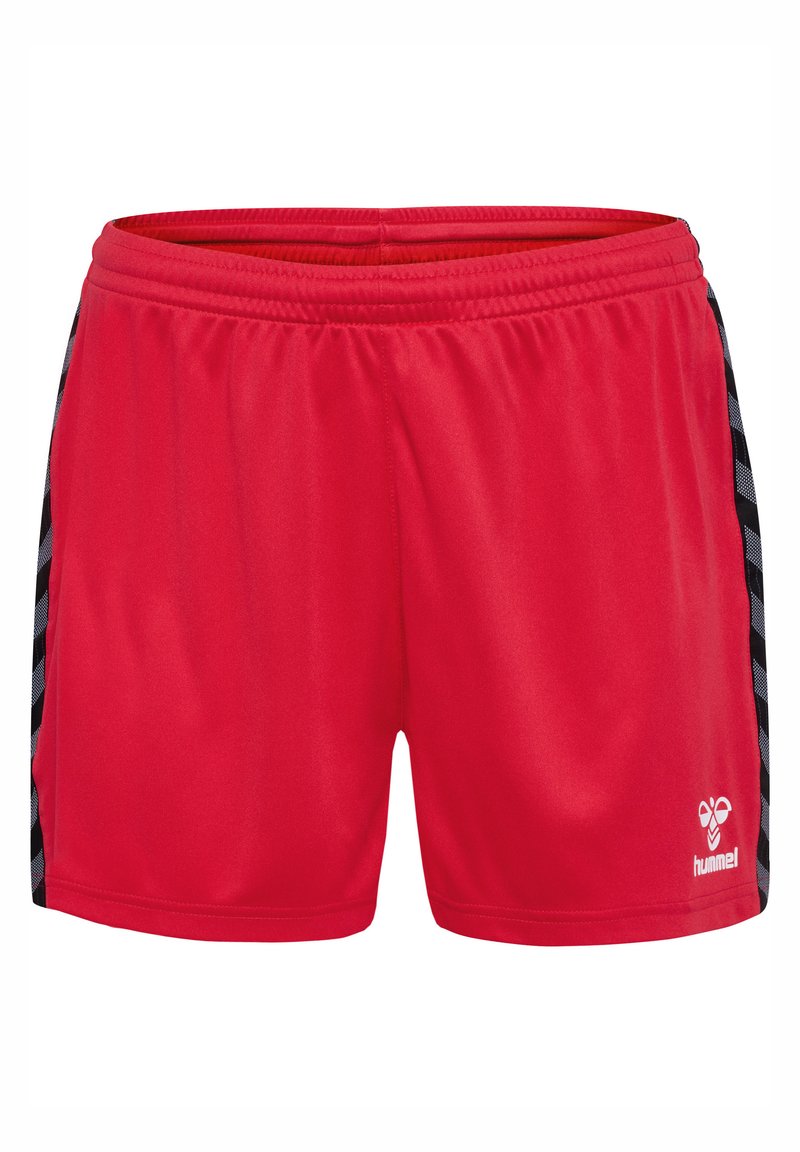 Rode sportshorts van lichtgewicht stof met een zwart patroonaccent langs de zijkanten; elastische tailleband met logo-detail.