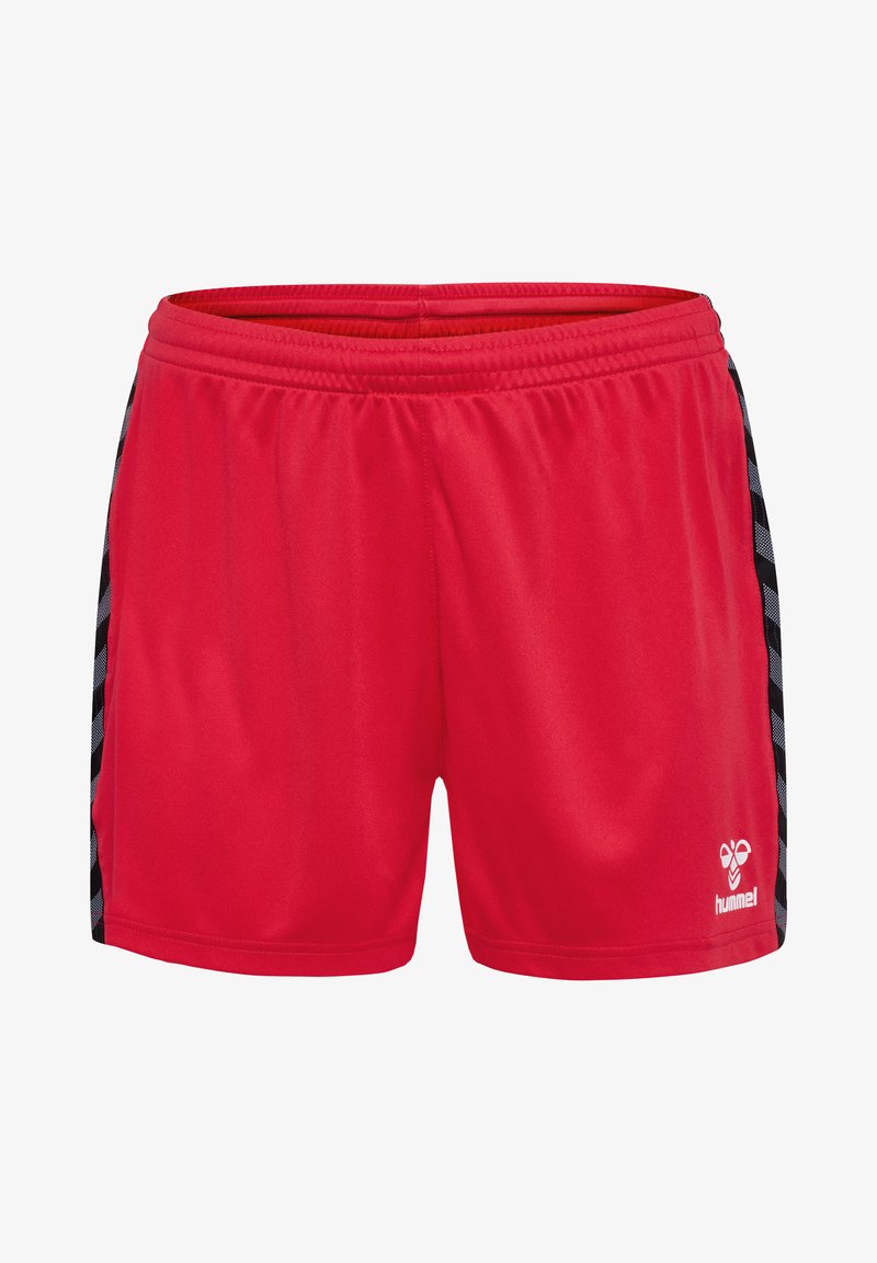 Rode sportshorts van lichtgewicht stof met een zwart patroonaccent langs de zijkanten; elastische tailleband met logo-detail.