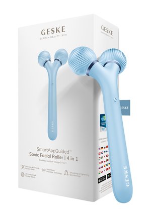 Rouleau facial sonique à deux boules bleu avec texture rainurée, présenté à côté d'un emballage blanc étiqueté "GESKE German Beauty Tech."