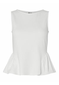 Top bianco senza maniche con scollatura rotonda e orlo a peplo, che mette in mostra un design semplice ed elegante, adatto per occasioni casual o formali.