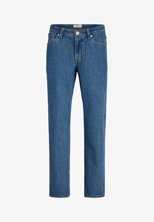Jean en denim bleu coupe droite avec bouton et fermeture éclair à l'avant, passants de ceinture et design cinq poches.