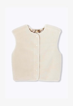 Veste sans manches en polaire couleur crème avec un col arrondi, une fermeture devant à boutons et une doublure à motif floral. Présente de larges emmanchures et une texture douce.