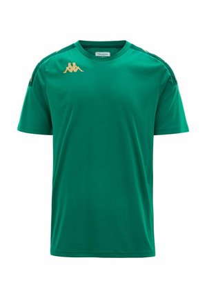 T-shirt verde a maniche corte realizzato in tessuto liscio. Presenta un logo dorato sulla spalla sinistra e dettagli sottili lungo le maniche.