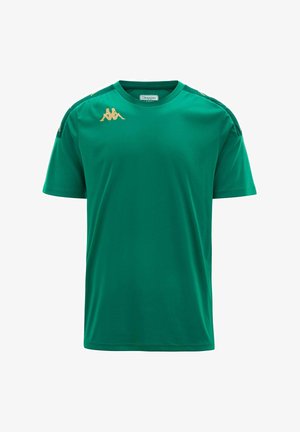 T-shirt verde a maniche corte realizzato in tessuto liscio. Presenta un logo dorato sulla spalla sinistra e dettagli sottili lungo le maniche.