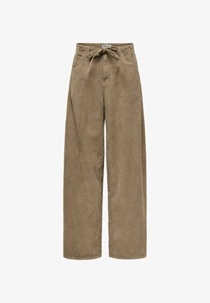 Corduroy wijde broek in aardse bruin tint, voorzien van een trekband in de taille, zijzakken en een verticale ribbeltextuur.