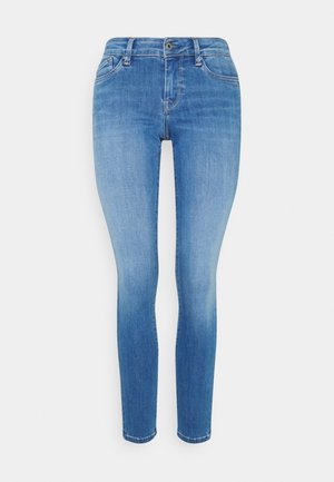 Hellblaue, schlanke Jeans aus Denim mit vorderer Knopf- und Reißverschluss, Gürtelschlaufen und klassischem Fünf-Taschen-Design.