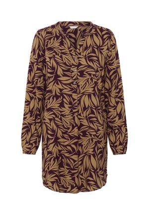 Chemise tunique à manches longues en violet profond avec un motif de feuilles dorées, dotée d'un devant à boutons et d'une coupe décontractée. Tissu en mélange de coton.