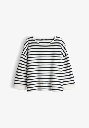 Maglione bianco con strisce orizzontali blu navy, scollo rotondo e maniche a tre quarti. Realizzato in tessuto morbido con trama a coste e polsini a coste.