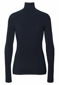 Sötét navy színű, hosszú ujjú, garbós felső, amely karcsú fazonú, sima tapintású és minimális varrási részletekkel rendelkezik a hátán.