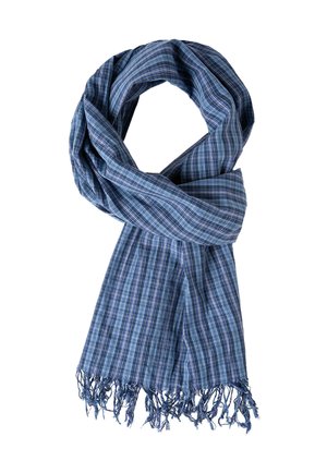 Blue and green checked scarf made of lightweight fabric, featuring fringed edges and a soft texture, draped in a loop.