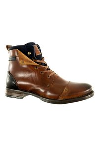 Bottes de cheville en cuir marron à finition lisse, avec un col en daim bleu marine, des œillets en laiton et un talon sculpté. Accentuées de panneaux beige.