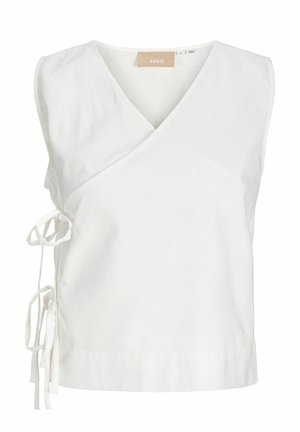 Fehér ujjatlan átlapolt felső V-nyakkivágással, oldalsó megkötőkkel és finom, texturált szövetszerkezettel.