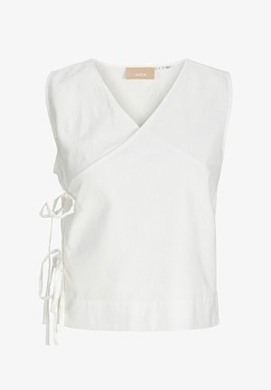 Top alb fără mâneci, tip wrap, cu decolteu în V, legături laterale și un model subtil texturat al țesăturii.