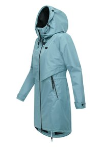 Light blue waterproof jacket with a hood, front zipper, two side pockets, and adjustable cuffs. Smooth texture and modern design.