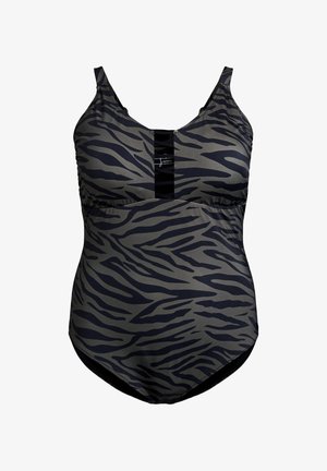 Jednodielne plavky v šedej farbe s čiernymi pruhmi zebry; so pevným čiernym panelom na hrudi a nastaviteľnými ramienkami; hladký, elastický materiál.