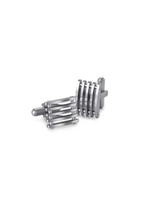 Silver-tone cufflinks featuring a layered design with horizontal and vertical slats, round ends, and smooth, polished surfaces.