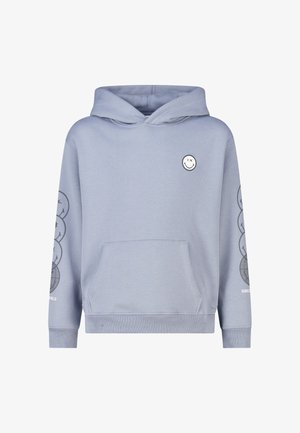 Sweat à capuche bleu clair avec poche avant et petit logo smiley sur la poitrine ainsi que plusieurs smileys imprimés sur les manches.