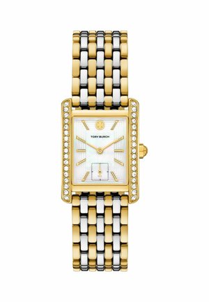 Montre-bracelet rectangulaire à maillons dorés et argentés avec cadran blanc, index dorés, petite sous-cadran des secondes et accents de diamants sur la lunette.