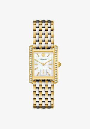 Rectangular gold and silver-tone linked bracelet watch with white dial, gold markers, small seconds subdial, and diamond accents on bezel.