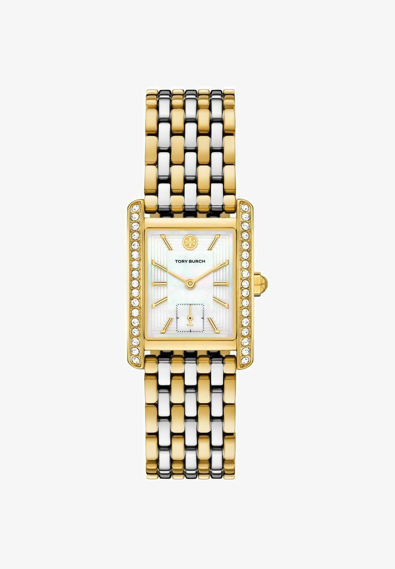 Montre-bracelet rectangulaire à maillons dorés et argentés avec cadran blanc, index dorés, petite sous-cadran des secondes et accents de diamants sur la lunette.