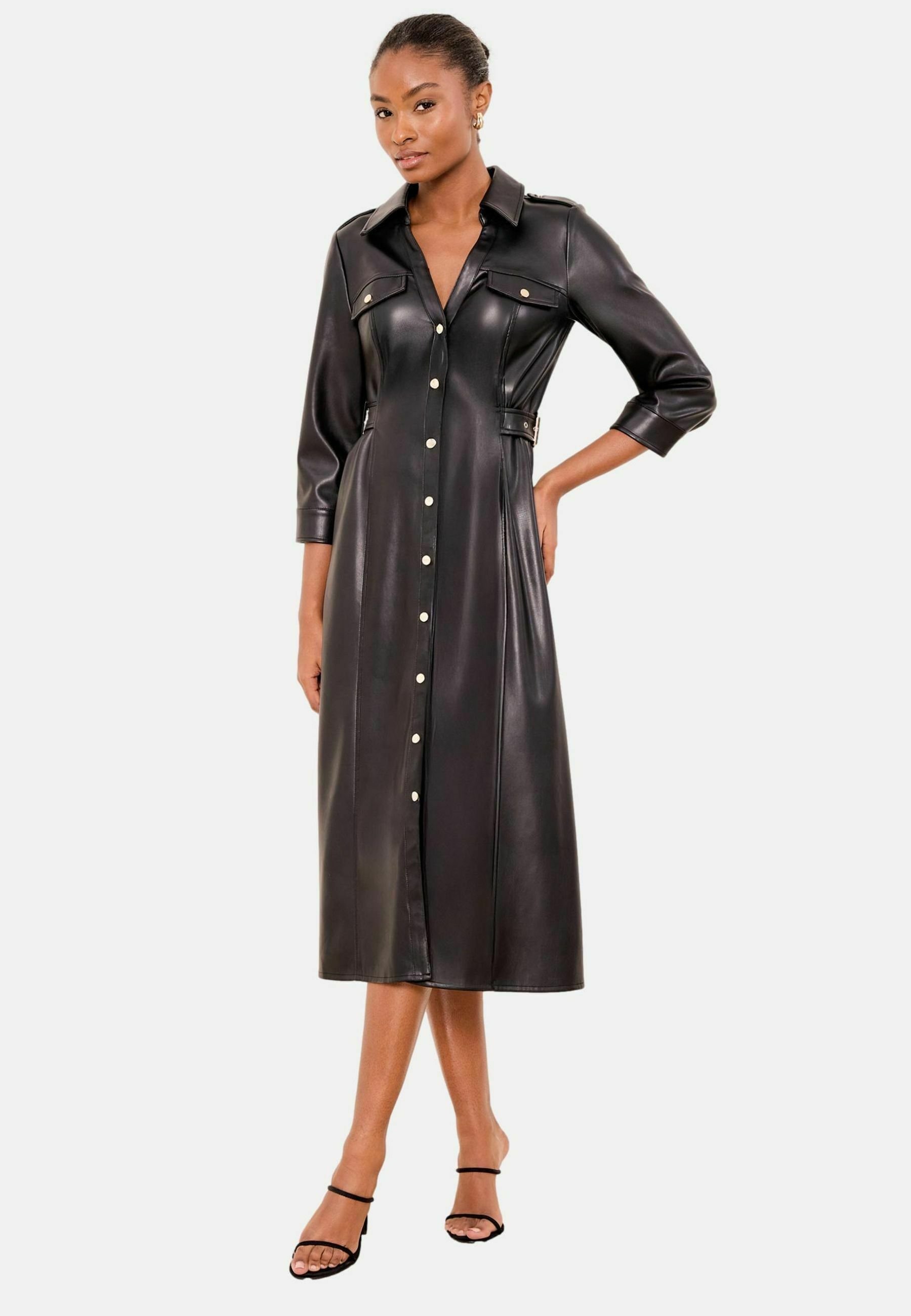 Lipsy REGULAR FIT - BUCKLE DETAIL MIDI - Shirt dress - black faux leather/black  - Zalando