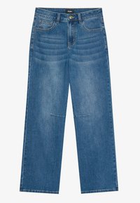 Blue denim wide-leg jeans with a mid-rise waist, featuring front pockets and a button closure, smooth texture, and minimal stitching detail.