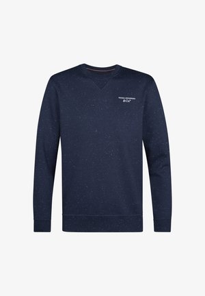 Granatowy sweatshirt wykonany z teksturowanej tkaniny, z dekoltem w kształcie litery V, ściągaczami na mankietach i u dołu oraz biało nakrapianymi akcentami na powierzchni.