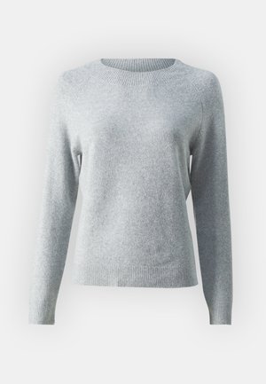 Pull léger gris clair en tissu doux, avec un col rond, des manches longues et des poignets et un ourlet en côte pour une apparence ajustée.